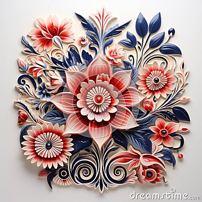Polish Folklore Inspired Paper Art Flower Detailed Realism In Red And Blue Stock Photo