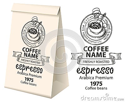 Paper packaging with label for coffee beans Vector Illustration