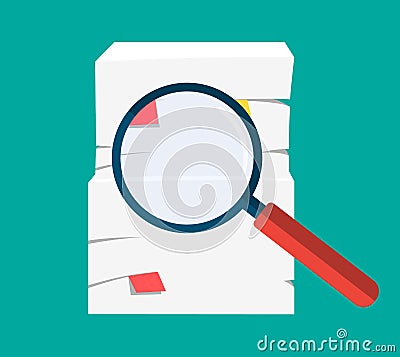 Paper pile and magnifying glass. Vector Illustration