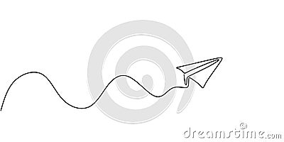 Paper plane continuous one line drawing, minimalism vector illustration. Symbol of creative and travel Vector Illustration