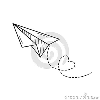 Paper plane with a dotted line heart. Linear icon. Hand drawn doodle airplane. Vector Illustration