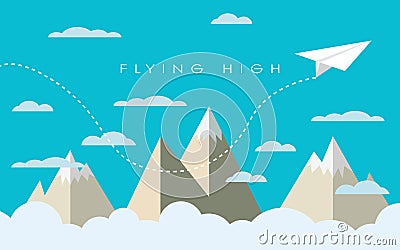 Paper plane flying over mountains between clouds Vector Illustration