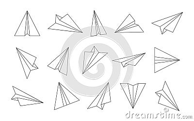 Paper plane. Outline airplane icons. Sketch origami planes for travel fly and mail. Doodle of airplane flight. Drawing art in Vector Illustration