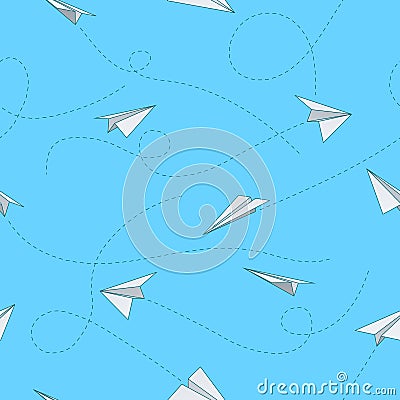 Paper plane seamless pattern. White airplanes with trajectory dotted lines. Flying origami objects. Launch light Vector Illustration