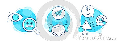 Paper plane, Swipe up and Like button icons set. Wifi sign. Airplane, Scrolling page, Press love. Vector Vector Illustration