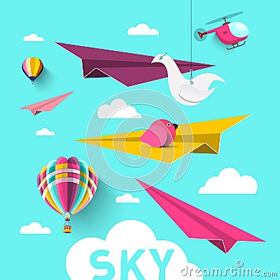 Paper Planes with Hot Air Balloons, Origami Birds Vector Illustration