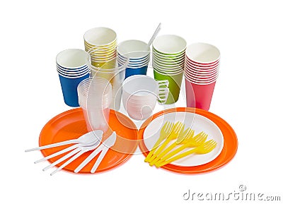 Paper and plastic disposable cutlery on a light background Stock Photo