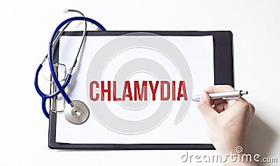 Paper plate with text CHLAMYDIA and doctor hand, medical concept Stock Photo