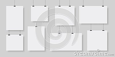 Paper poster hanging on clip and string, photo gallery mockups. Empty picture canvas display. Realistic paper pages Vector Illustration