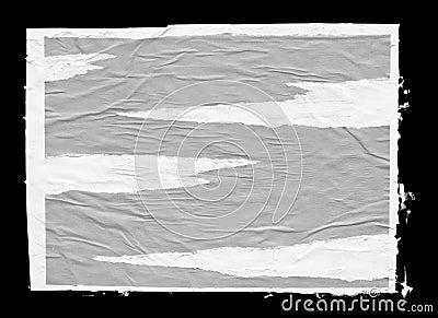 Paper poster sticker. Ripped glued paper texture background. Torn creased poster isolated on black Stock Photo