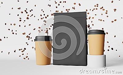 Paper pouch bag coffee cups black lids falling beans podium 3D rendering. Coffee shop discount. Hot drinks demonstration Stock Photo