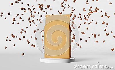 Paper pouch bag falling coffee beans podium 3D rendering. Merchandise discount packaging logo shop design promo sale. Stock Photo