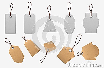 Paper price tags. Realistic blank cardboard labels with ropes, vintage white and brown shopping labels, pricing tag Vector Illustration