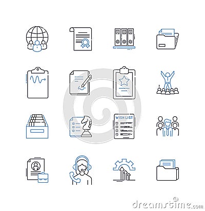 Paper processing line icons collection. Shredding, Folding, Creasing, Cutting, Binding, Coating, Laminating vector and Vector Illustration