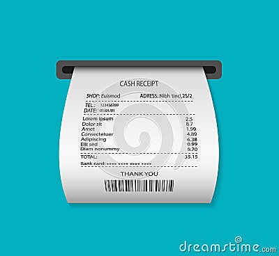 Paper receipt from atm. Print invoice in supermarket. Print cash bill or ticket. Atm reciept after payment. Invoice with list of Vector Illustration