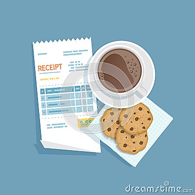 Paper receipt for cup of coffee, cookies with chocolate chips. Restaurant bill paying. Customer`s payment for cafe service. Vector Illustration