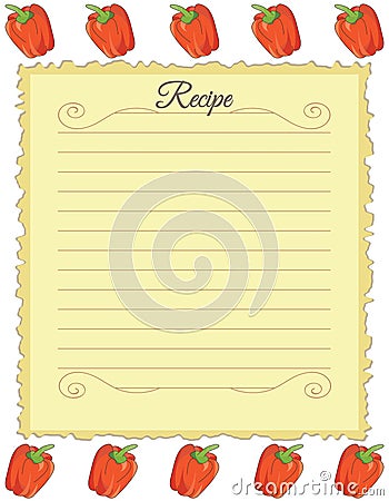 Paper for recipes. Form for recipes. Notebook paper with red bell pepper ornament. Vintage Vector Illustration