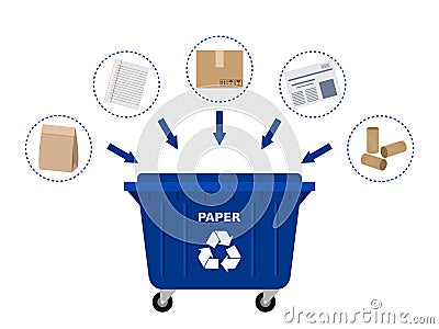 Blue industrial garbage can and paper products suitable for recycling. Vector Illustration