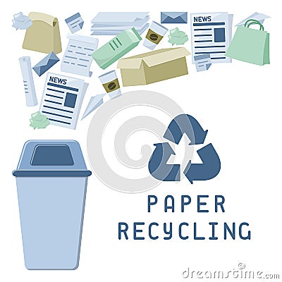 Paper recycling card with paper trash, dumpster and lettering Vector Illustration