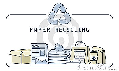Paper recycling illustration with trash and lettering Vector Illustration