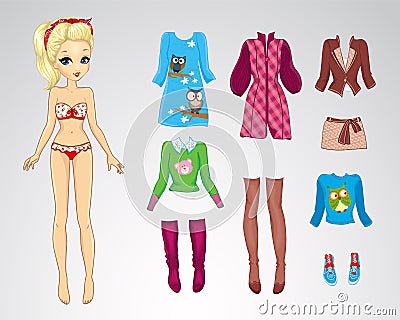 Paper Retro Autum Blonde Doll Vector Illustration