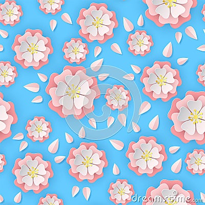 Paper sakura seamless pattern. Floral stylish wallpaper colorful blooming flowers of cherry tree, cut paper origami Vector Illustration