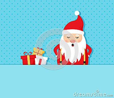 Paper Santa Claus, Christmas vector greeting card, cute cartoon character. Pile gift boxes. Winter illustration Cartoon Illustration