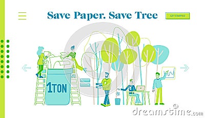 Paper Saving, Stop Deforestation and Trees Cutting Landing Page Template. Tiny Characters Throw Paper Waste Vector Illustration