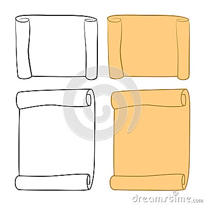 Paper scroll clipart, outline set vector isolated on white background. Empty, blank parchment rolled up scroll Vector Illustration