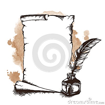 Paper scroll, feather and inkwell. Vector illustration Vector Illustration
