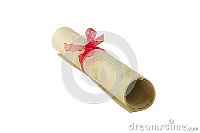 Paper scroll isolated on white with bow. Certificate diploma or award document. Graduation, success achievement parchment with Stock Photo
