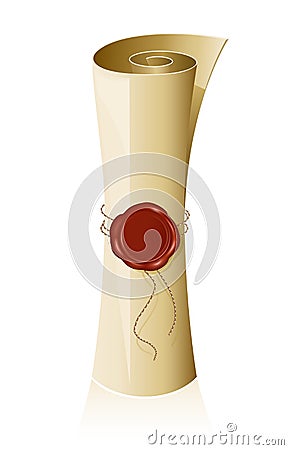 Paper scroll with wax seal. Vector Illustration