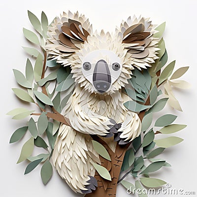 Paper Sculpture Koala: Unique Wall Installation With Earthy Color Palette Stock Photo