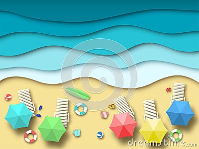 Paper sea beach. Summer holiday landscape with sand, ocean and sun, summertime relaxation 3d origami. Paper art vector Vector Illustration