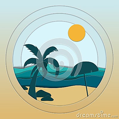 Paper sea waves, beach, palm. 3d paper cut deep style vector. Marine life. Origami style with wavy lines. Summer. Relax Vector Illustration