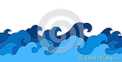 Paper sea waves. Blue water wave paper cut decor, marine landscape with curly waves ocean. Origami style wallpaper Vector Illustration