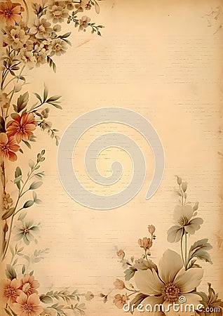 Paper with Sepia Painted Flowers - Charm of the Past and Delicacy of Nature Stock Photo