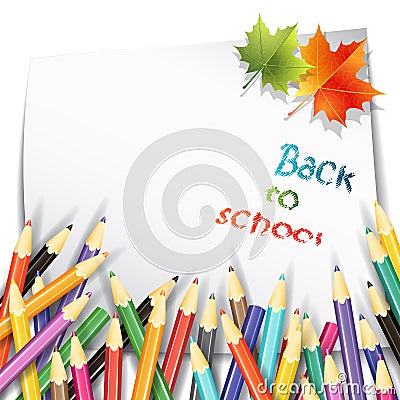 Paper sheet, colorful pencils and maple autumn leaves on white background. Vector Illustration