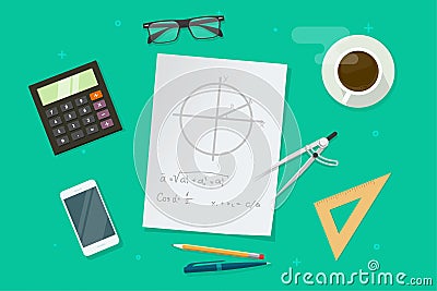 Paper sheet with geometry math formulas and drawing graphs, ruler, pen, pencil vector, school lesson study objects Vector Illustration