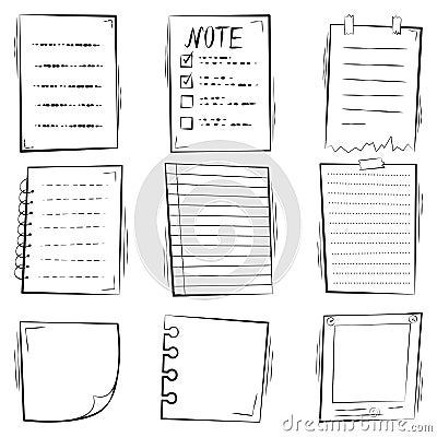Paper sheet set: notes, reminders, doodle style to-do list, notepad pages Vector Illustration