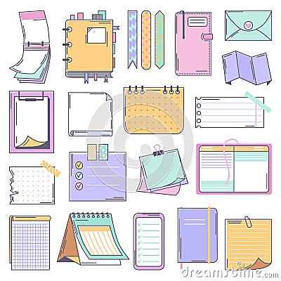 Paper sheets hand drawn stickers. Doodle planner page, draw notes decorative set. Notebook memo sheet, neoteric school Vector Illustration