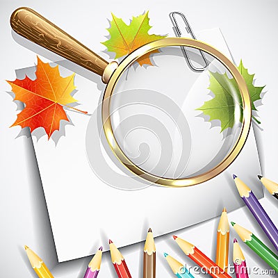 Paper sheets, pencils and magnifying glasses. Vector Illustration