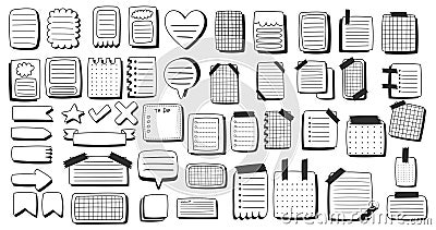 Paper sheets sticker collection in comics style, doodle black and white memo stickers. Creative journaling and note Vector Illustration