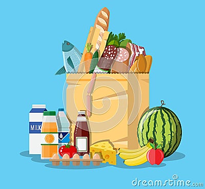 Paper shopping bag full of groceries products Vector Illustration