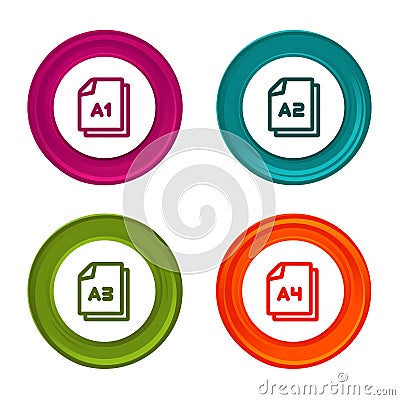 Paper size A1 A2 A3 A4 icons. Document symbol. Colorful web button with icon Vector Illustration