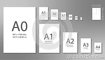 Paper sizes A0 to A10 format isolated on grey background Vector Illustration