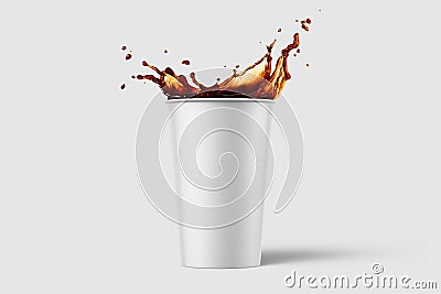 Paper soda cup with cola splash mockup template, isolated on light grey background. Stock Photo