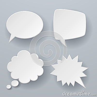 Paper speech bubbles. White origami 3d retro clouds thought chat or dialogue text message balloon vector concept Vector Illustration