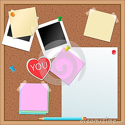 Paper stickers and other items on cork-board Vector Illustration