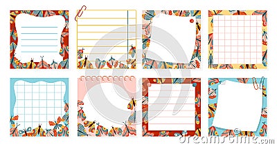 Paper sticky notes notepaper sticker notepads with butterfly cartoon set copybook page lined grid Vector Illustration